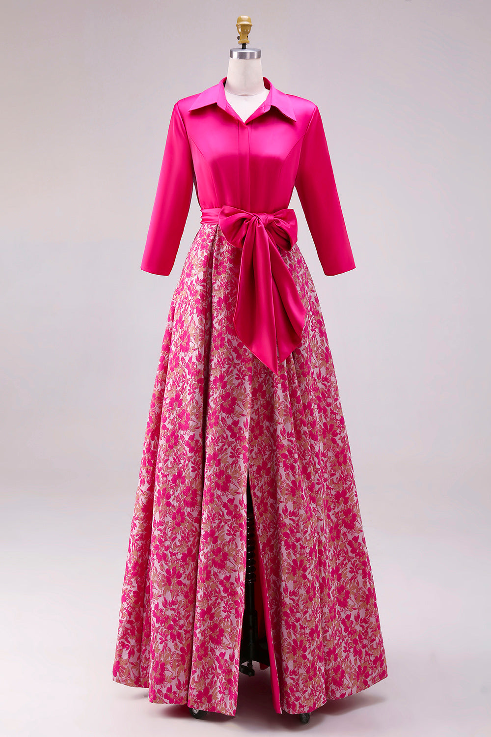 Zapakasa Women Fuchsia Floral Satin Long Mother of the Bride Dress with Slit A Line Lapel Neck Wedding Guest Dress with Bow Zapakasa Women Fuchsia Floral Satin Long Mother of the Bride Dress with Slit A Line Lapel Neck Wedding Guest Dress with Bow