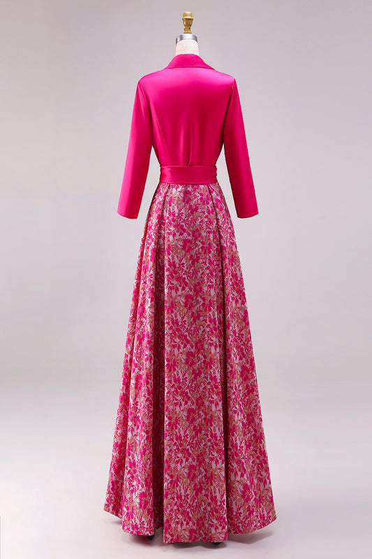 Floral Fuchsia Lapel Neck A Line Satin Long Mother of the Bride Dress with Slit