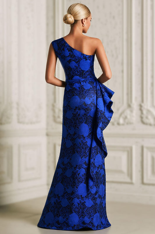 Royal Blue Floral Ruffled Mermaid Long Mother of the Bride Dress with Slit