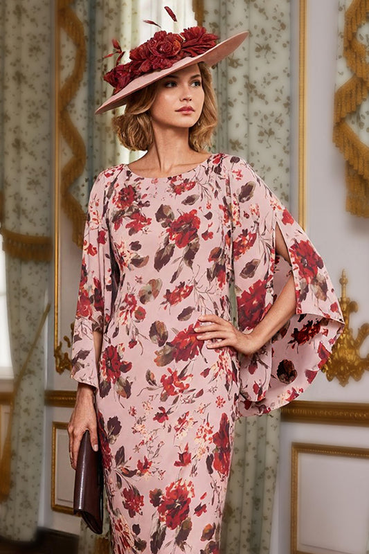 Dusty Rose Floral Flare Sleeves Bodycon Midi Mother of the Bride Dress