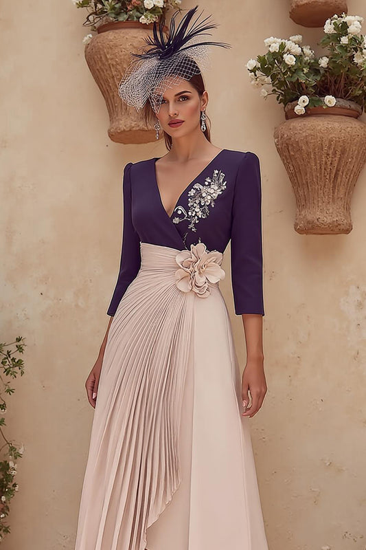 Purple V-Neck Pleated Midi Mother of the Bride Dress with Sleeves