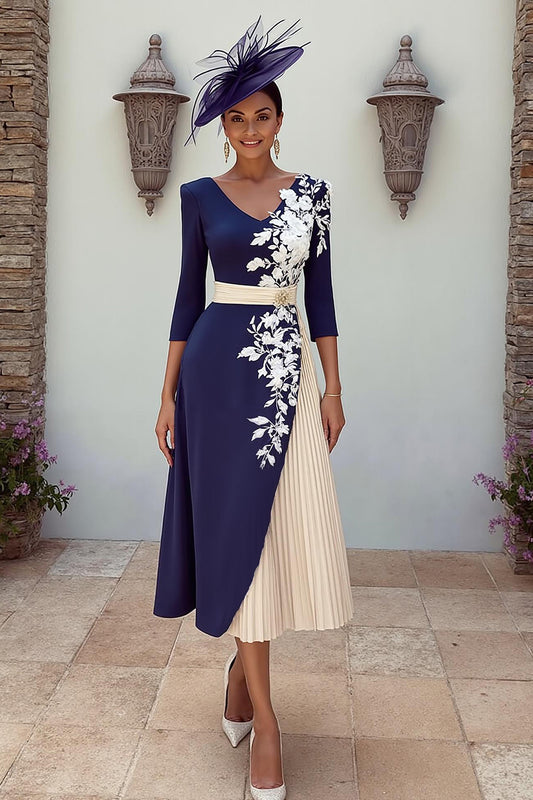 Floral Navy V-Neck Pleated MIdi Mother of the Bride Dress with Appliques