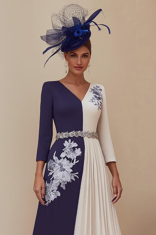 Navy A Line V-Neck Pleated Midi Mother of the Bride Dress with Appliques