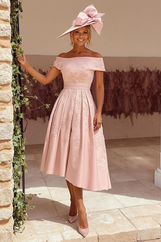 Floral Dusty Rose A Line Off the Shoulder Midi Mother of the Bride Dress
