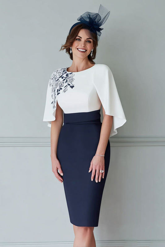 Floral White and Navy Bodycon Midi Mother of the Bride Dress