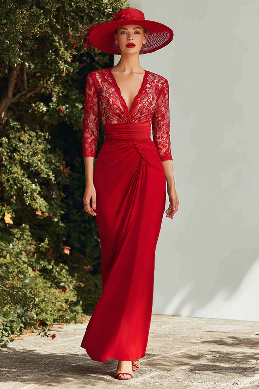 Red V-Neck Lace Mermaid Long Mother of the Bride Dress with Sleeves