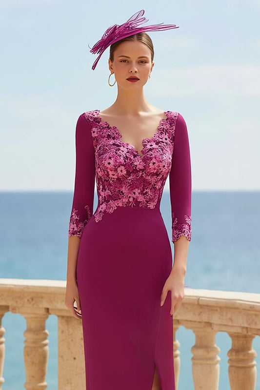 Floral Fuchsia V-Neck Appliqued Long Mother of the Bride Dress with Sleeves