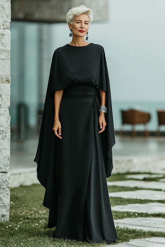 Black Round Neck Ruched Long Mother of the Bride Dress with Cape