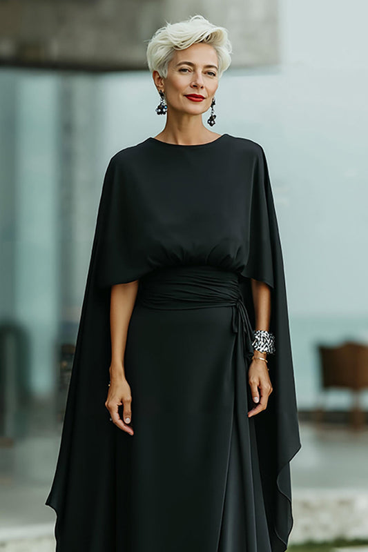 Black Round Neck Ruched Long Mother of the Bride Dress with Cape