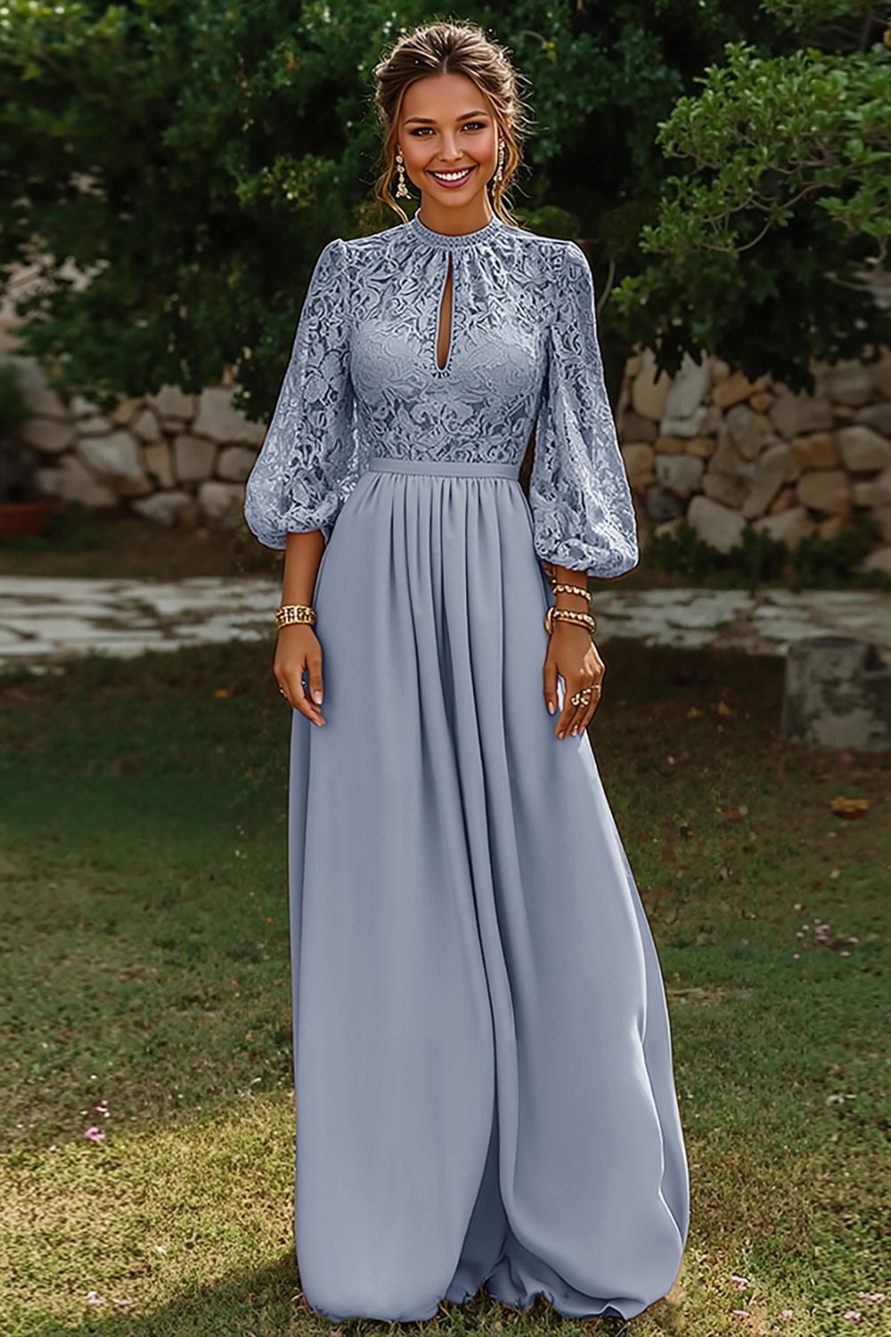 Zapakasa Women Dusty Blue Keyhole Long Mother of the Bride Dress Puff