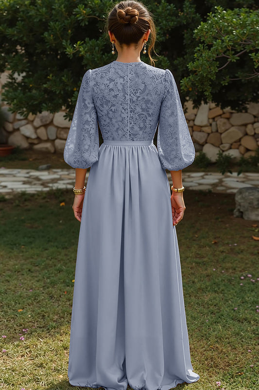 Dusty Blue A Line Puff Sleeves Keyhole Long Mother of the Bride Dress