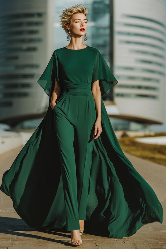 Dark Green Round Neck Long Mother of the Bride Pantsuits with Cape