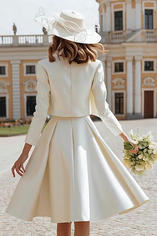 Ivory 2 Piece Satin Boat Neck Midi Wedding Dress with Jacket