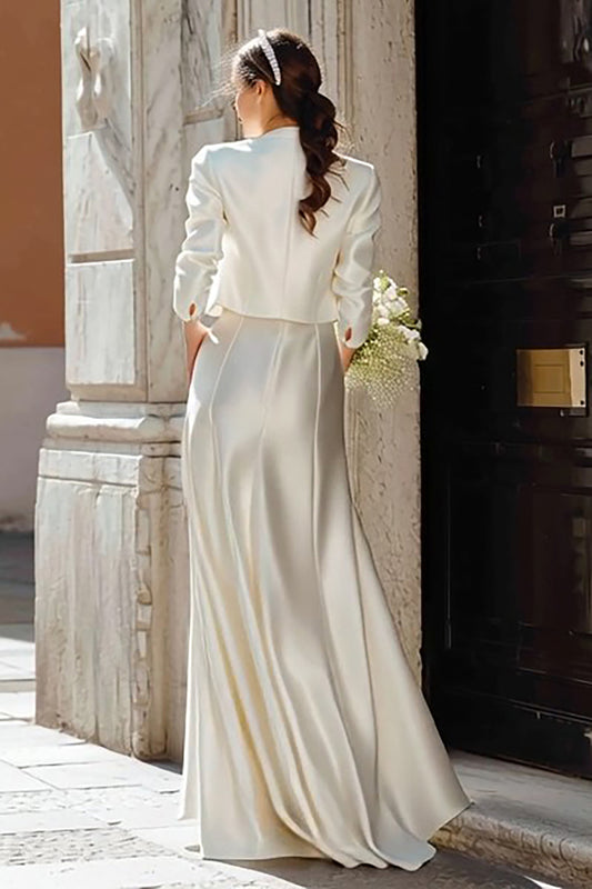 Ivory Satin 2 Piece V Neck Sheath Floor Length Wedding Dress with Jacket