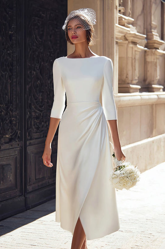Ivory Satin A Line Bateau Neck Midi Wedding Dress