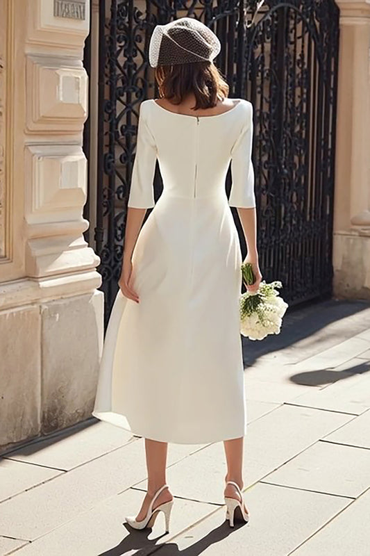 Ivory Satin A Line Bateau Neck Midi Wedding Dress