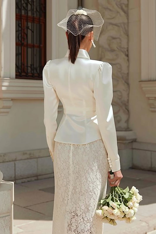 Ivory Satin 2 Piece Shawl Lapel Midi Wedding Outfits with Buttons