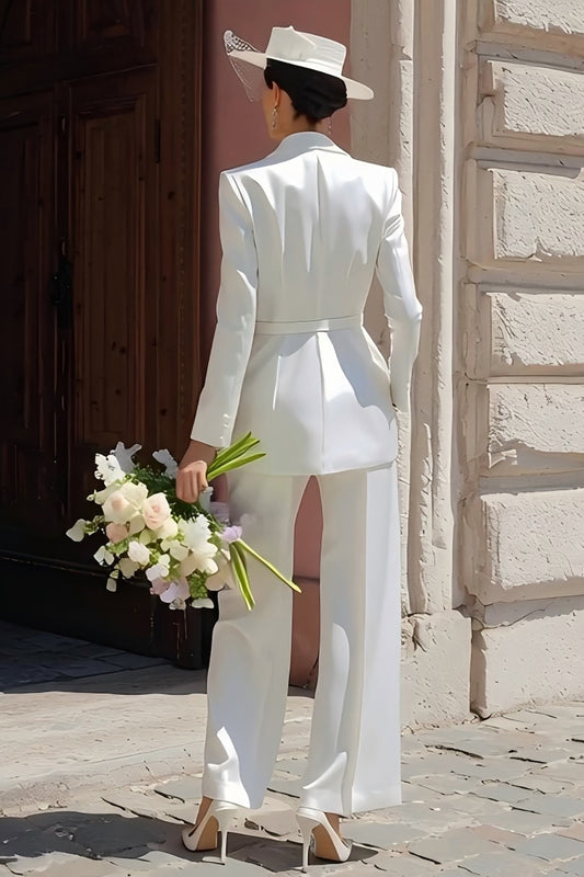 Ivory Satin Notched Lapel Long Blazer Wedding Pant Suits with Belt