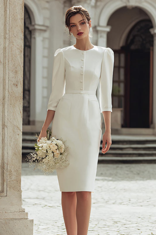 Ivory Round Neck Midi Bodycon Wedding Dress with Buttons