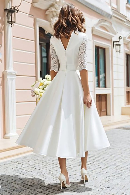 Ivory A Line V-Neck Midi Wedding Dress with Sleeves