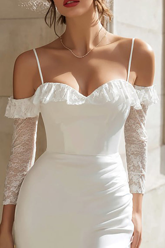 Ivory Bodycon Cold Shoulder Lace Short Wedding Dress with Sleeves