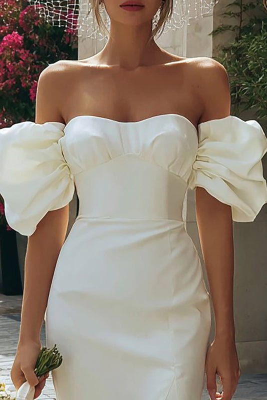 Ivory Bodycon Off the Shoulder Short Wedding Dress with Slit