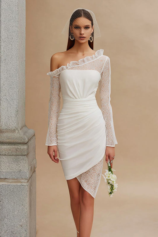 Ivory Bodycon Ruched Asymmetrical Wedding Dress with Sleeves