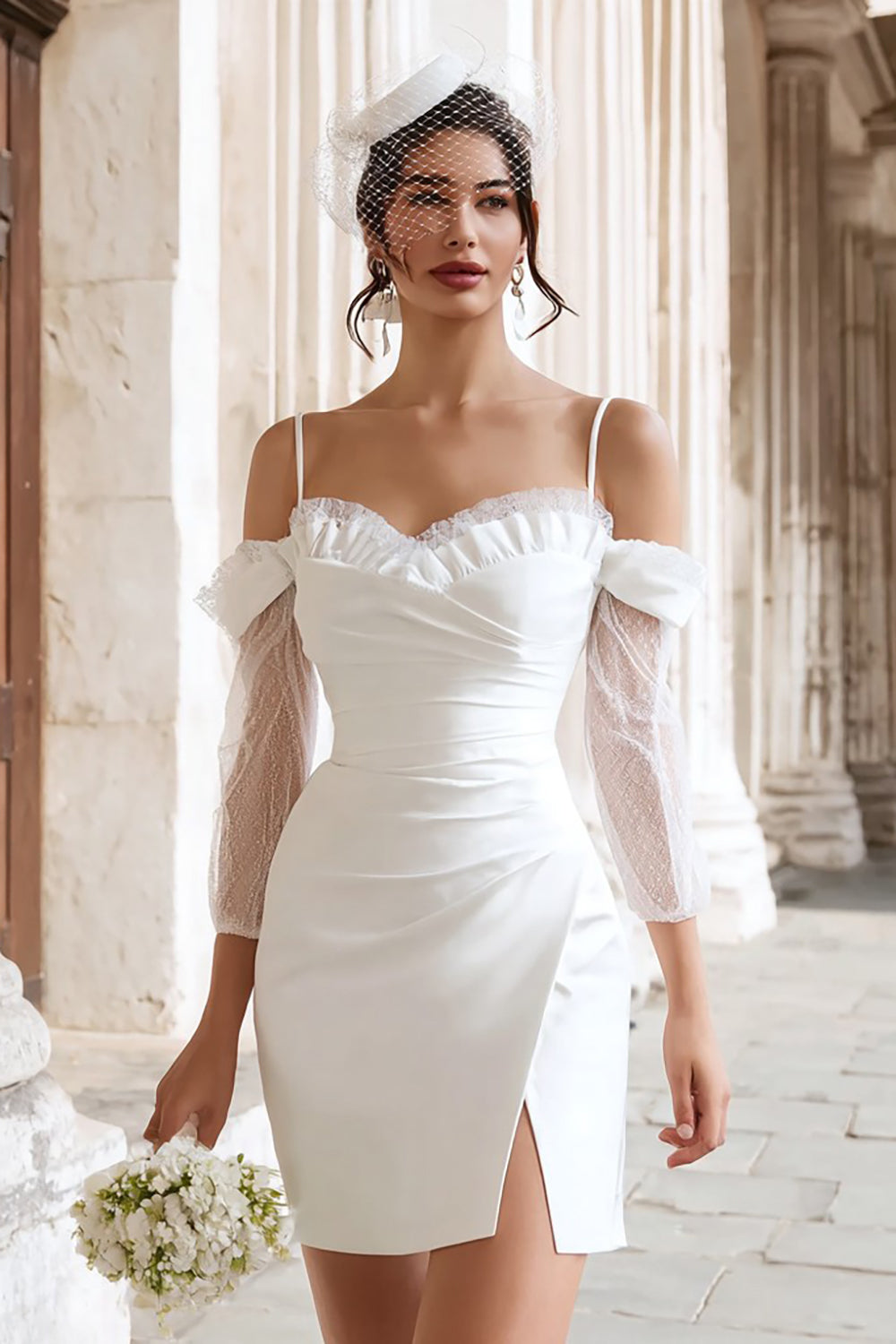 Zapakasa Women Ivory Bodycon Ruched Short Wedding Dress with Slit Lace Cold Shoulder Bachelorette Dress with Sleeves Zapakasa Women Ivory Bodycon Ruched Short Wedding Dress with Slit Lace Cold Shoulder Bachelorette Dress with Sleeves