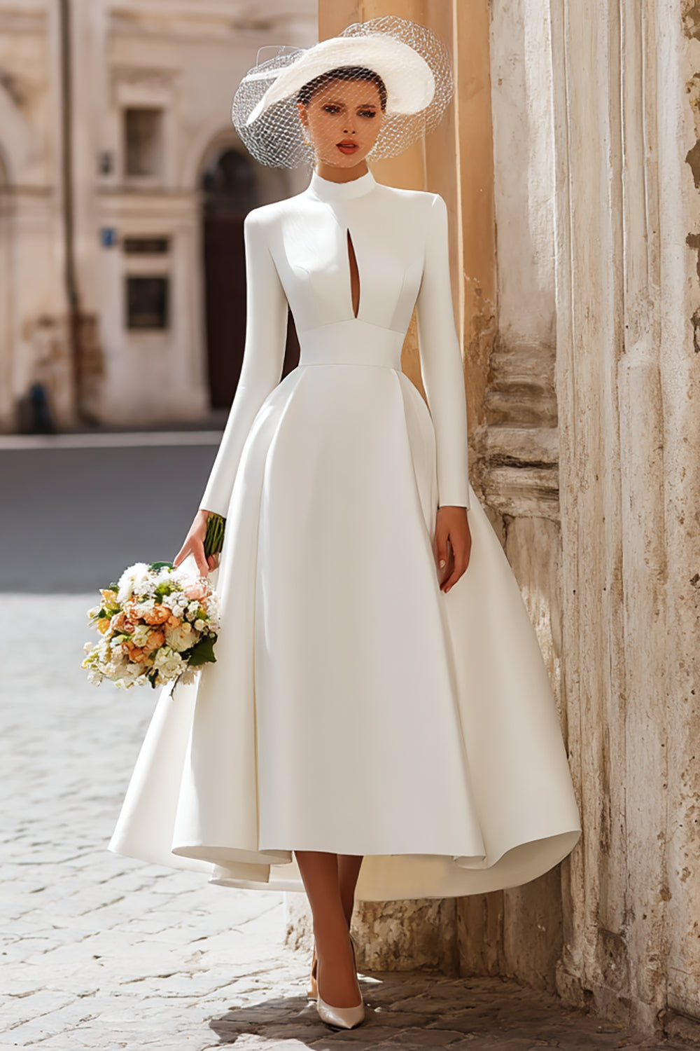 Zapakasa Women Vintage Ivory High Neck Long Wedding Dress with Sleeves Satin Keyhole A Line Engagement Dress with Pockets Zapakasa Women Vintage Ivory High Neck Long Wedding Dress with Sleeves Satin Keyhole A Line Engagement Dress with Pockets