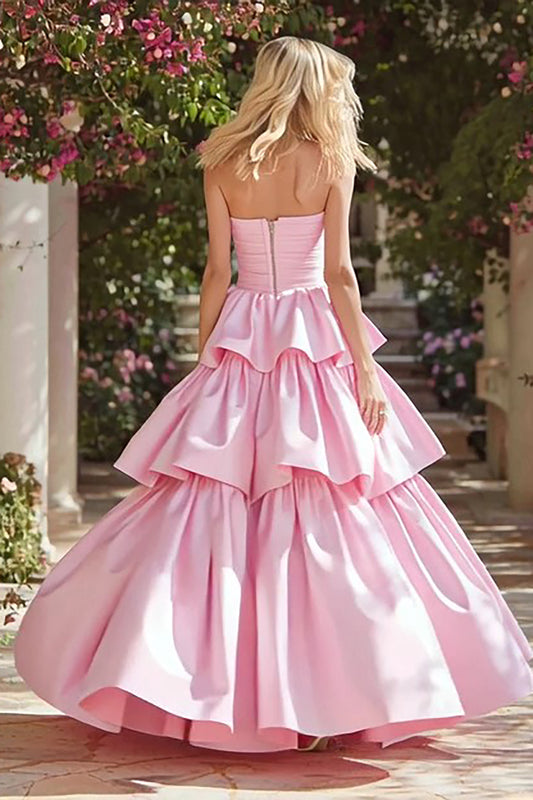 Pink Tiered Long Prom Dress with Ruffles