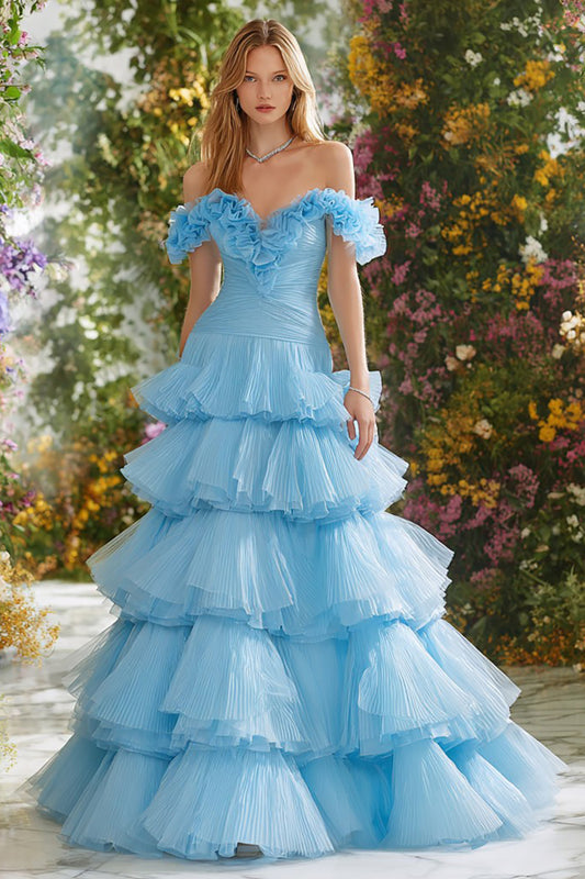 Sky Blue Tiered Ruffled Long Prom Dress with Pleats