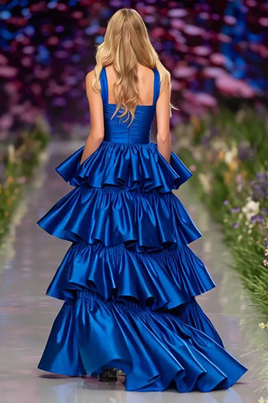 Dark Blue Tiered Ruffled Long Prom Dress with Slit