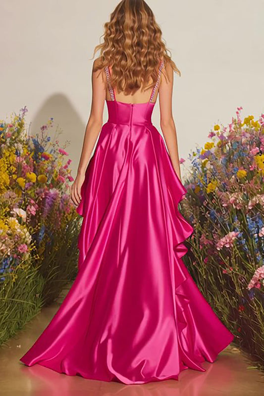 Sparkly Fuchsia Ruffled Long Prom Dress with Slit