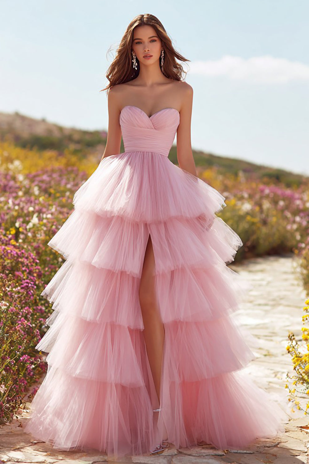 Pink Tiered Long Ruffled Prom Dress with Slit