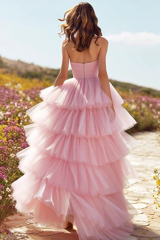 Pink Tiered Long Ruffled Prom Dress with Slit