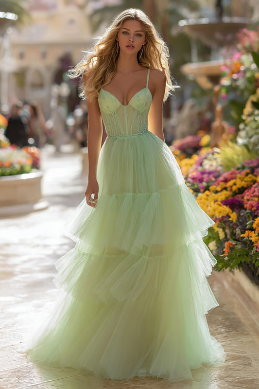 Light Green Corset Tiered Tulle Long Prom Dress with Ruffles