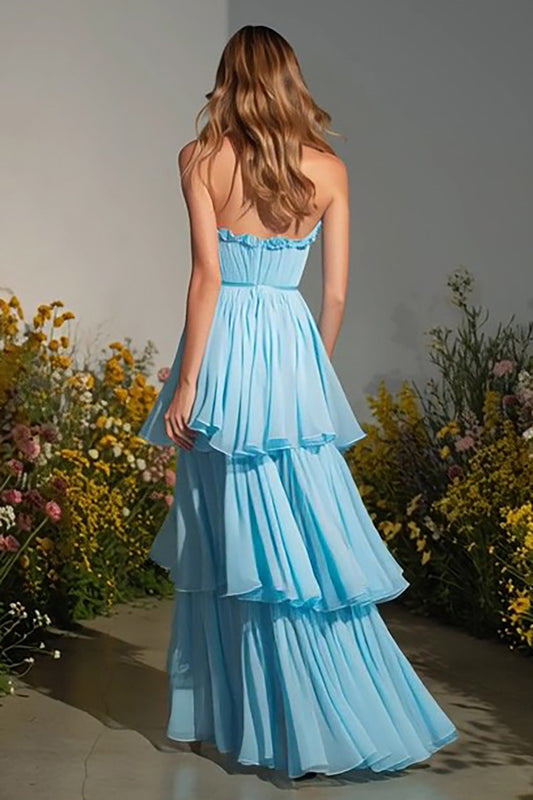 Sky Blue A-Line Tiered Long Prom Dress with Ruffles
