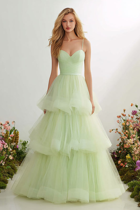 Light Green Tiered Long Prom Dress with Ruffles