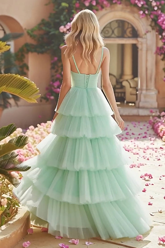 Mint Green Tiered Princess Long Ruffled Prom Dress with Pleats