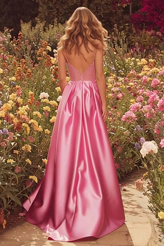 Sparkly Pink A-Line Long Beaded Prom Dress with Slit
