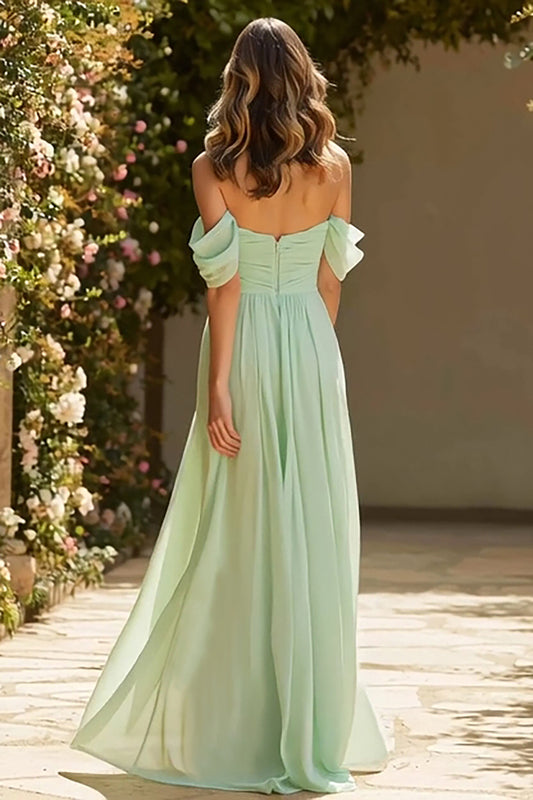 Dusty Sage Long A Line Off the Shoulder Bridesmaid Dress