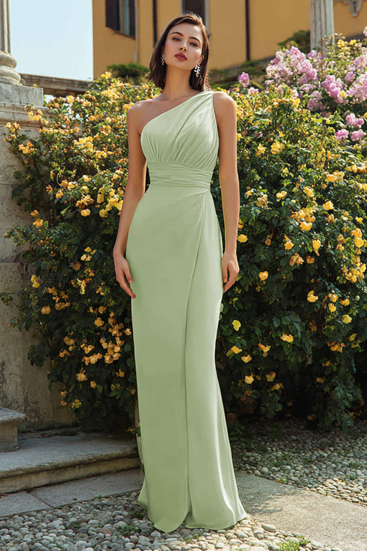 Dusty Sage One Shoulder Long Mermaid Bridesmaid Dress