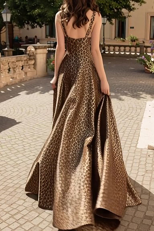 Brown Leopard Print Thick Straps A-Line Long Prom Dress