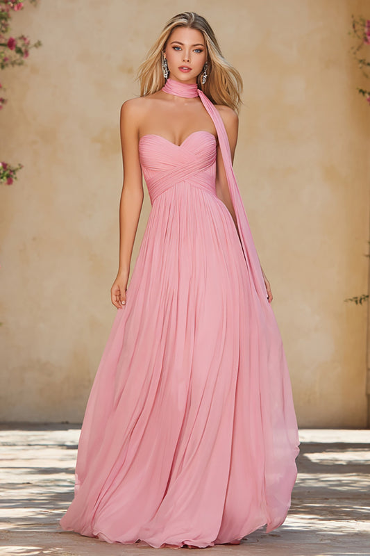 Pink Sweetheart Neck Scarf Long A Line Prom Dress