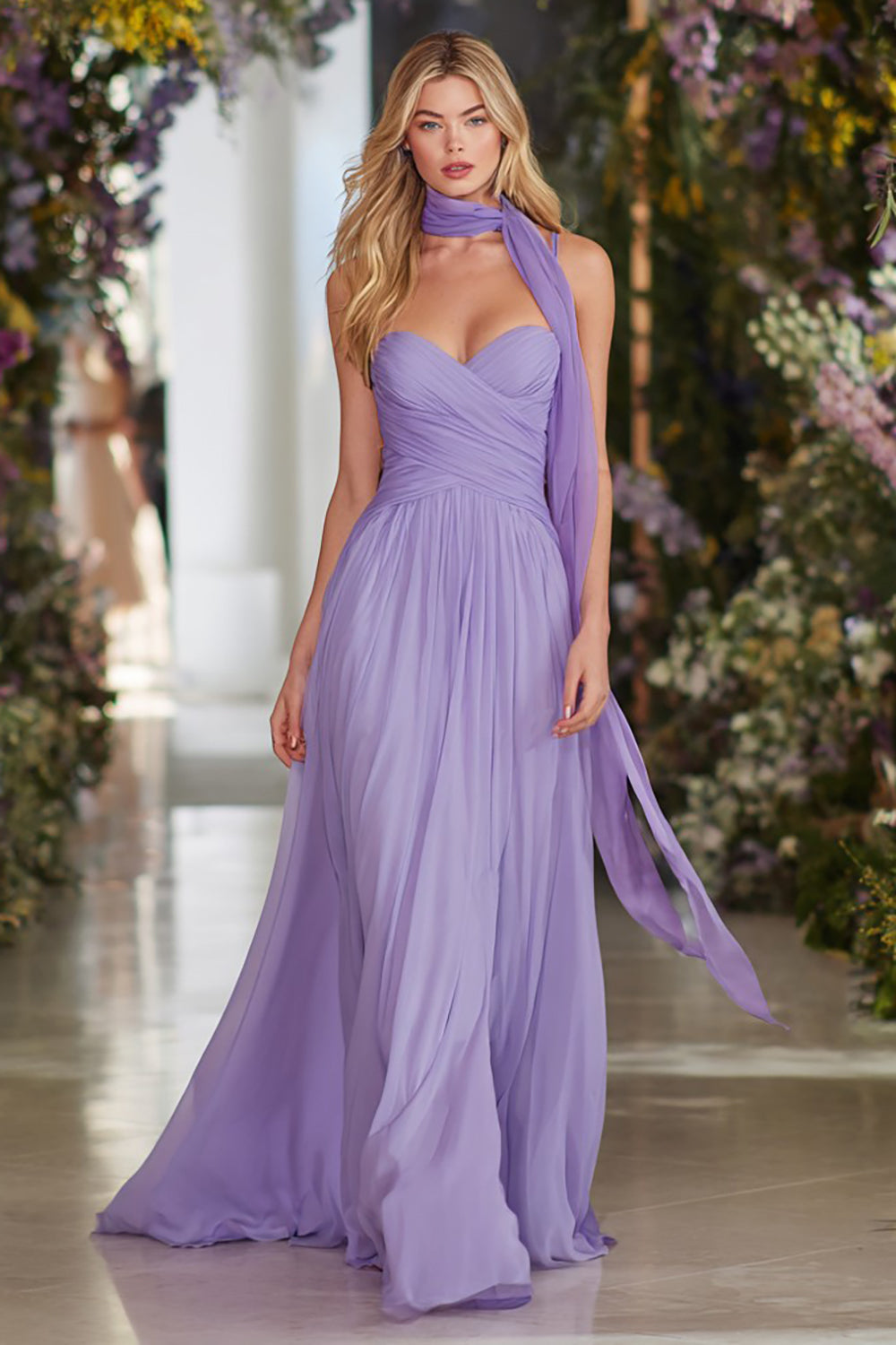 Zapakasa Women Lilac Sweetheart Neck Scarf Long Prom Dress Chiffon A