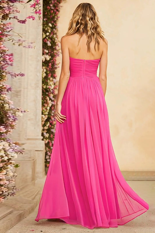 Fuchsia Halter Ruched A Line Long Prom Dress with Slit