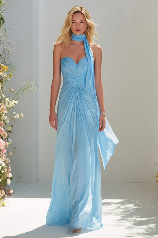 Sky Blue A Line Sweetheart Ruched Neck Scarf Long Prom Dress
