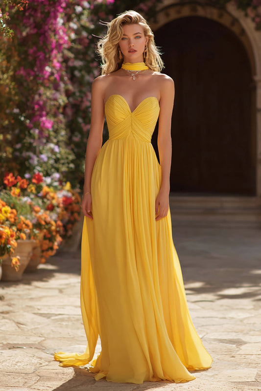 Yellow A-Line Sweetheart Neck Scarf Long Prom Dress