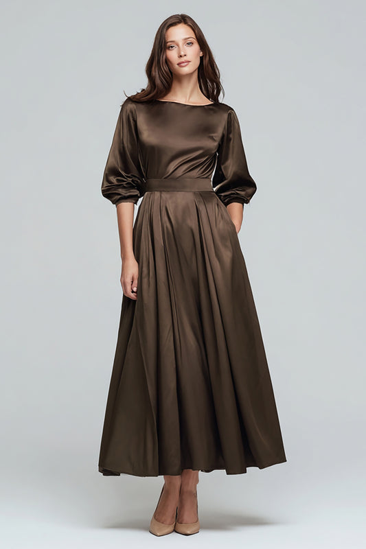 Coffee Half Sleeves Satin A-Line Long Evening Dress