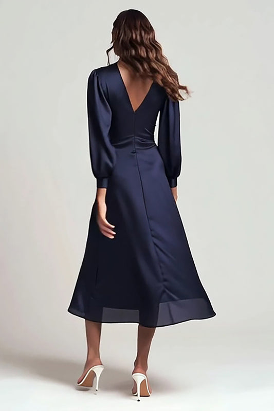 Navy Satin V-Neck Backless Ruched Midi Work Dress with Sleeves